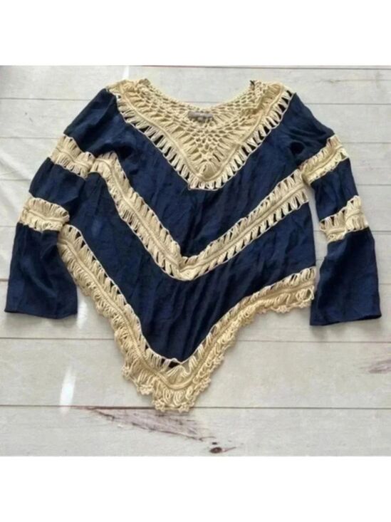 Umgee Tops - Umgee Long Sleeve Boho Crochet Sheer Top Navy Blue Size L Bohemian